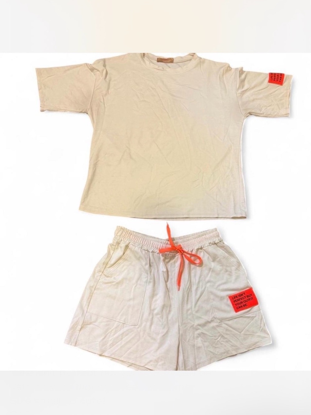 Made in Italy Cream Short Sleeve Tee & Shorts Set with Neon Orange Accents